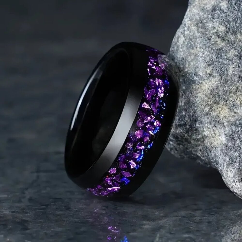 Tungsten Steel Carbide in Black with Center Purple Amethyst Nebula Inlay stateme